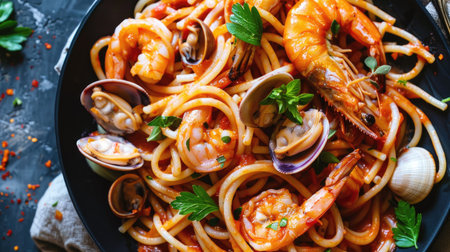 Seafood drunken spaghetti with a spicy blend of shrimp, squid, and clamsの素材