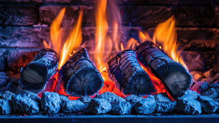 Vibrant fire in gas fireplace with detailed ceramic logs, long exposure for warmthの素材
