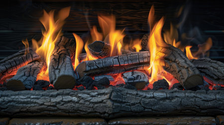 Vibrant fire in gas fireplace with detailed ceramic logs, long exposure for warmthの素材