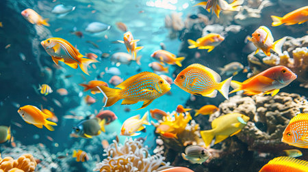 A school of vibrant tropical fish swimming amidst lush coral reefs in crystal-clear watersの素材