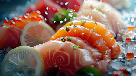 Artistic presentation of fresh mixed sashimi with selective focus, inviting seafood experienceの素材