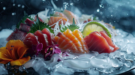 Artistic presentation of fresh mixed sashimi with selective focus, inviting seafood experienceの素材