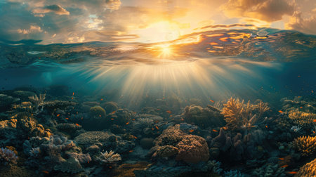 Breathtaking underwater panorama of a coral reef at sunset, with golden hues illuminating the waterの素材