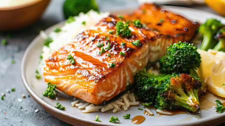 Baked hot honey glazed salmon on a plate with rice and broccoli, a healthy and flavorful choiceの素材