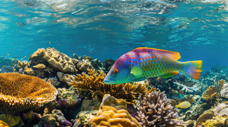 Colorful wrasse darting between corals in a pristine tropical underwater settingの素材