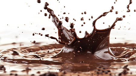 Chocolate milk splash mid-air, droplets frozen in time, isolated on whiteの素材