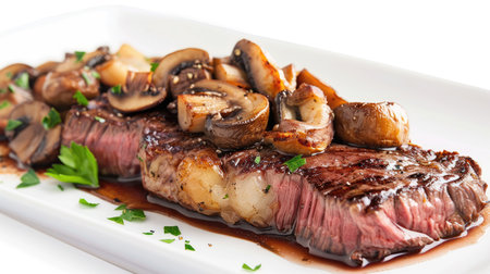 Beef steak with a side of mushrooms on a white plate, isolated on whiteの素材