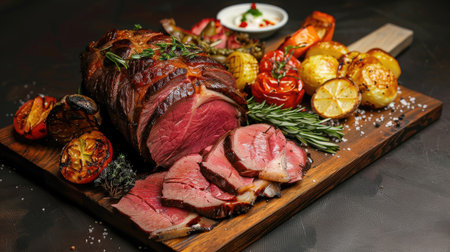 Elegant presentation of sliced roast beef with modern Sunday roast sides, isolatedの素材