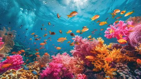 Colorful coral reef teeming with vibrant fish and marine life in crystal-clear watersの素材