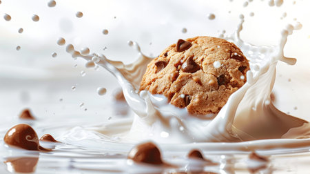 Cookie diving into milk, splash captured with droplets in mid-air, white backgroundの素材