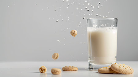 Droplets flying from a glass of milk with cookies nearby, isolated on whiteの素材
