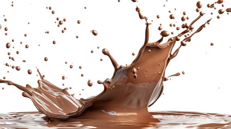 Chocolate milk creating a dramatic splash with flying droplets, isolatedの素材