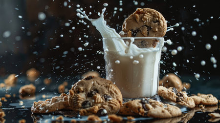 Cookies and glass of milk with a dramatic splash effect, droplets suspendedの素材