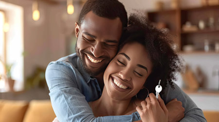 Couple celebrating their property investment, hugging with keys to their new house in handの素材