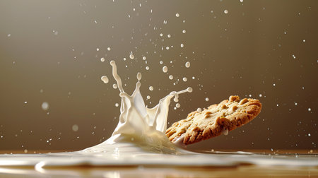 Dynamic milk splash from falling cookie, droplets suspended in mid-airの素材