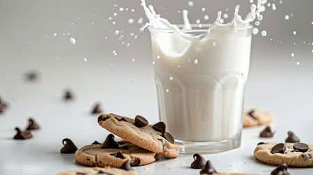 Glass of milk with a splash, surrounded by chocolate chip cookies, white backgroundの素材