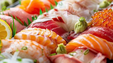 Close-up view of beautifully arranged fresh mixed sashimi with selective focusの素材