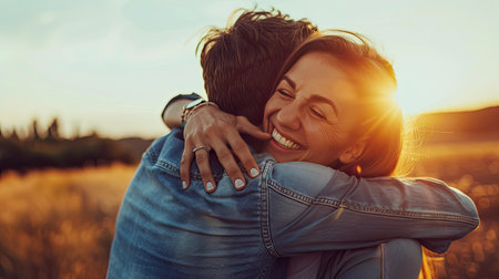 Happy hug of a couple with a key, symbolizing their new home and successful property investmentの素材