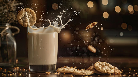 Cookies and glass of milk with a dramatic splash effect, droplets suspendedの素材