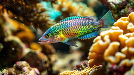 Colorful wrasse darting between corals in a pristine underwater settingの素材