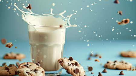 Glass of milk with a splash, surrounded by fresh chocolate chip cookies, clean backgroundの素材