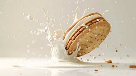 Falling sandwich cookie creating a dynamic milk splash, isolated backgroundの素材
