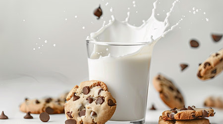 Glass of milk with a splash, surrounded by chocolate chip cookies, white backgroundの素材