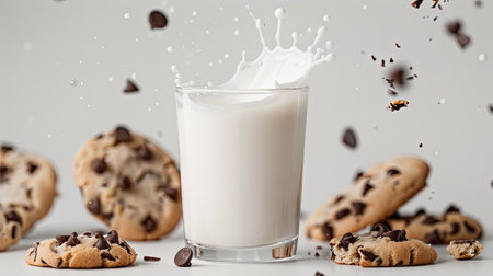 Glass of milk with a splash, surrounded by chocolate chip cookies, white backgroundの素材