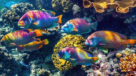 Group of parrotfish feeding on a coral reef, showcasing their bright colorsの素材
