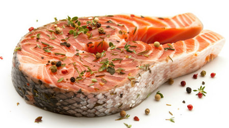 Fresh raw salmon steak seasoned with herbs and spices, ready for grilling, isolatedの素材