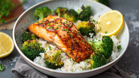 Homemade baked hot honey salmon with rice and broccoli, a nutritious dinner choiceの素材