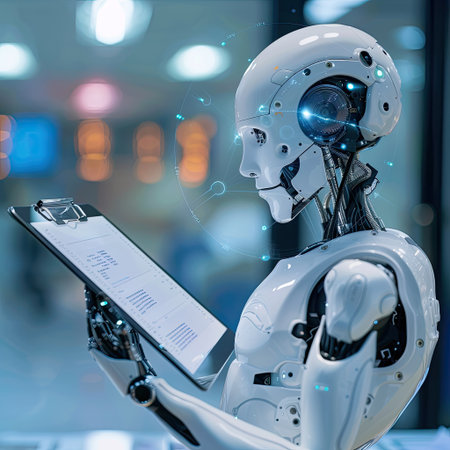 Concept of AI in healthcare with a digital assistant analyzing medical records for diagnosisの素材