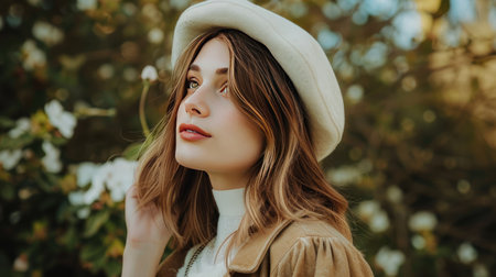 Fashion-forward woman with a white beret, showcasing her spring style in an outdoor settingの素材