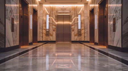 Open elevator doors in a polished lobby, highlighting the modern architecture and luxurious details.の素材