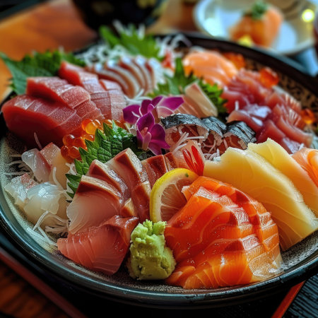 Delicious chirashi sushi plate featuring a colorful array of seafood slices and garnishesの素材