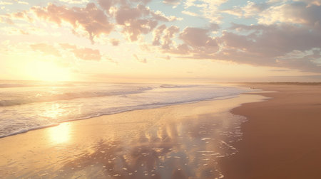 Peaceful beach at dawn with the sun rising and soft clouds in the sky, perfect for capturing a quiet moment.の素材