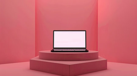 Minimalist design with a laptop on a podium displaying a white screen for brandingの素材
