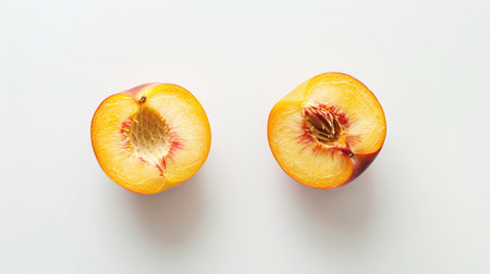 Peach halves on white background, minimalistic composition for versatile marketing needs.の素材
