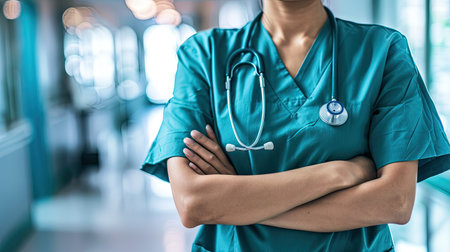 Close-up of a nurse with arms crossed, looking professional and approachable, in a clinical setting.の素材