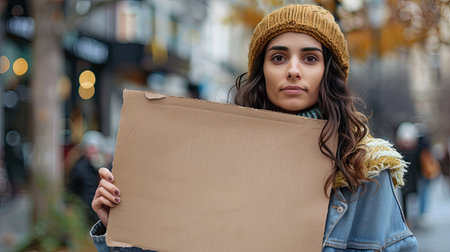 Thoughtful woman holding a blank placard in her handの素材