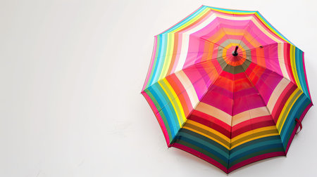 Colorful striped umbrella creating a lively contrast on whiteの素材