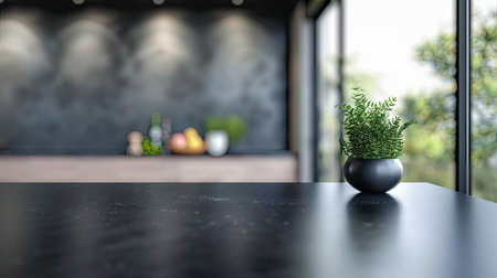 Sleek black countertop with a blurry backdrop of a contemporary kitchen, highlighting minimalist design.の素材