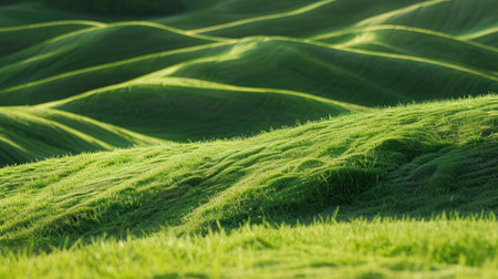 Close-up of short grass texture on rolling green hills under bright sunlightの素材