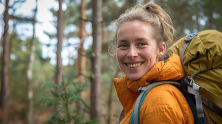 Female backpacker with a bright smile in Cannock Chase forestの素材
