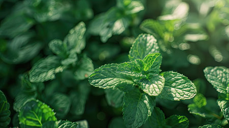 Vibrant green mint leaves in natural light, ideal for organic farming and fresh produceの素材