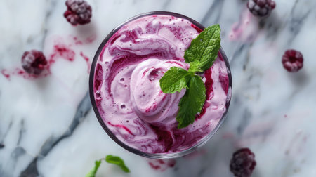Blended berry smoothie with mint and yogurt swirlsの素材