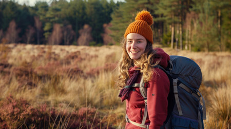 Happy female hiker with a backpack on a sunny day in Cannock Chase forestの素材