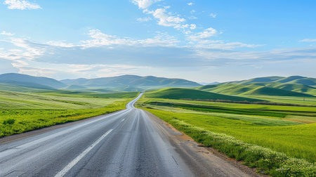 Highway beside vibrant green fields and gentle hills under a clear spring skyの素材