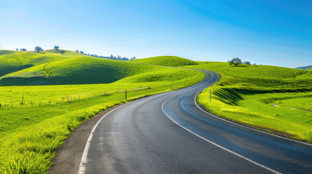 Highway beside vibrant green fields and gentle hills under a clear spring skyの素材