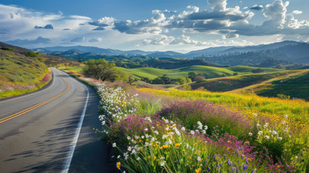 Scenic view of a highway beside blooming spring fields and rolling hillsの素材